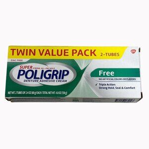 Poligrip Denture Adhesive Cream Twin Value Pack 2 Tubes 2.4 Oz Each Zinc Free